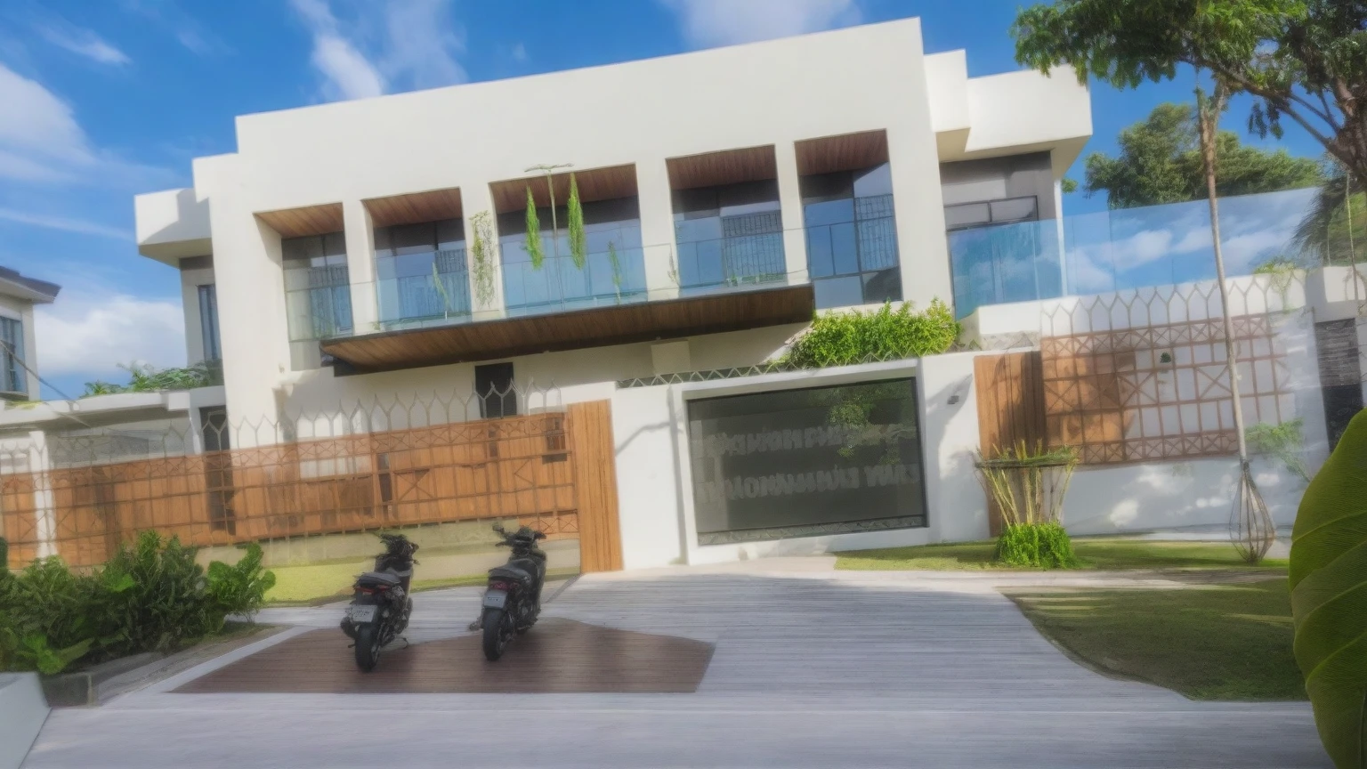 exterior house, contemporary style, white wall, wood wall, steel door, glass window, (realistic:1.2), Masterpiece, high quality, best quality, authentic, super detail, outdoors,road, trees, sky, cloud, (daylight:1.1), modern luxury villa, coconut trees, landscape, along the white beach, clear sky, day time, warm lighting RAW Photo, RAW texture, Super Realistic, 32K UHD, DSLR, soft lighting, high quality, film rating, Fujifilm XT3,Modern, Residential Architecture, car in front of house