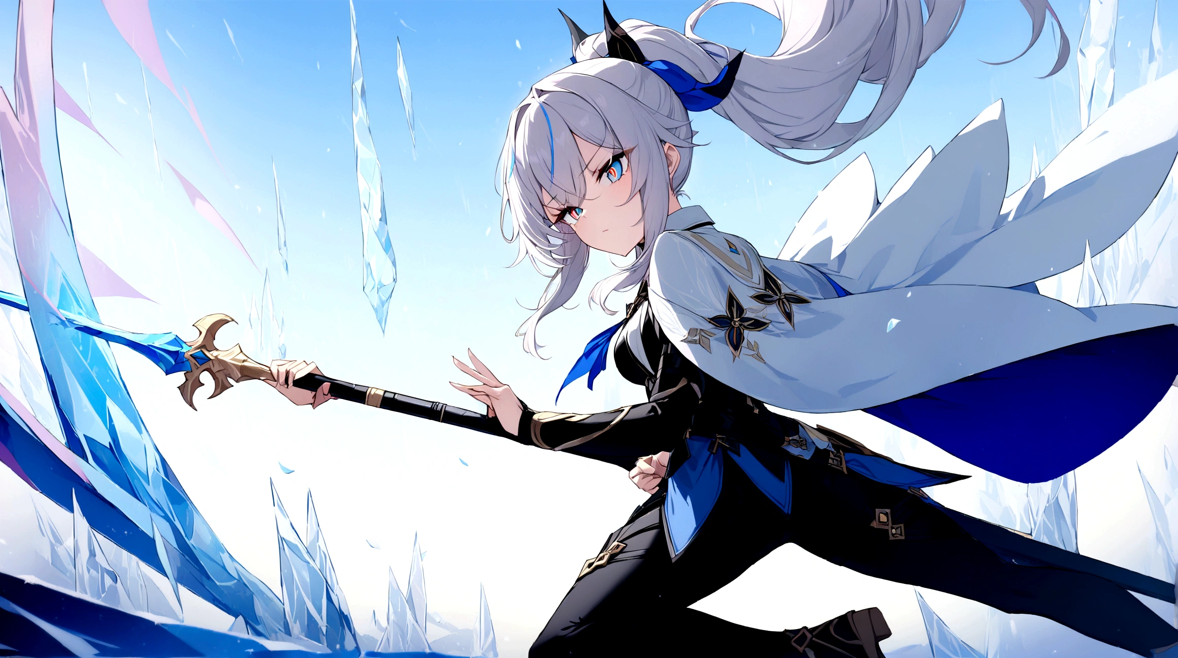(1girl, Masterpiece, best quality) (detailed and beautiful eyes:1.6) (perfect hands, perfect anatomy) (full body)) Fierce warrior girl with long white hair in a high ponytail and striking red eyes. She wears sleek, modern armor in blue and black with gold and silver details, and a white, high-collared cape with blue and gold accents. She holds a long spear in her right hand and points forward with her left hand. The background should be an icy landscape with crystalline formations and a cold, blue sky, reflecting light off the ice for a mystical atmosphere. Capture her determined and focused expression, conveying a sense of readiness and strength.