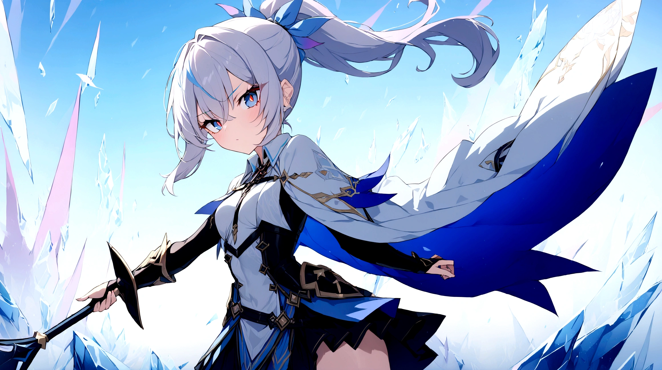 (1girl, Masterpiece, best quality) (detailed and beautiful eyes:1.6) (perfect hands, perfect anatomy) (full body)) Fierce warrior girl with long white hair in a high ponytail and striking red eyes. She wears sleek, modern armor in blue and black with gold and silver details, and a white, high-collared cape with blue and gold accents. She holds a long spear in her right hand and points forward with her left hand. The background should be an icy landscape with crystalline formations and a cold, blue sky, reflecting light off the ice for a mystical atmosphere. Capture her determined and focused expression, conveying a sense of readiness and strength.