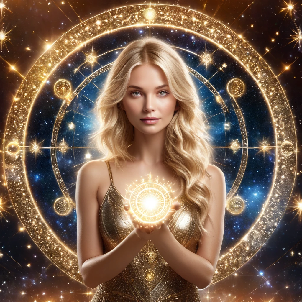 Astrologer, beckoning, blonde hair, bangs, 1girl, long hair, looking at viewer, 3D image of astrological horoscope circle on both palms, best quality, masterpiece, high quality, extremely detailed CG unity 8k wallpaper, delicate background, luminous particles, complex details, Sacred geometry,