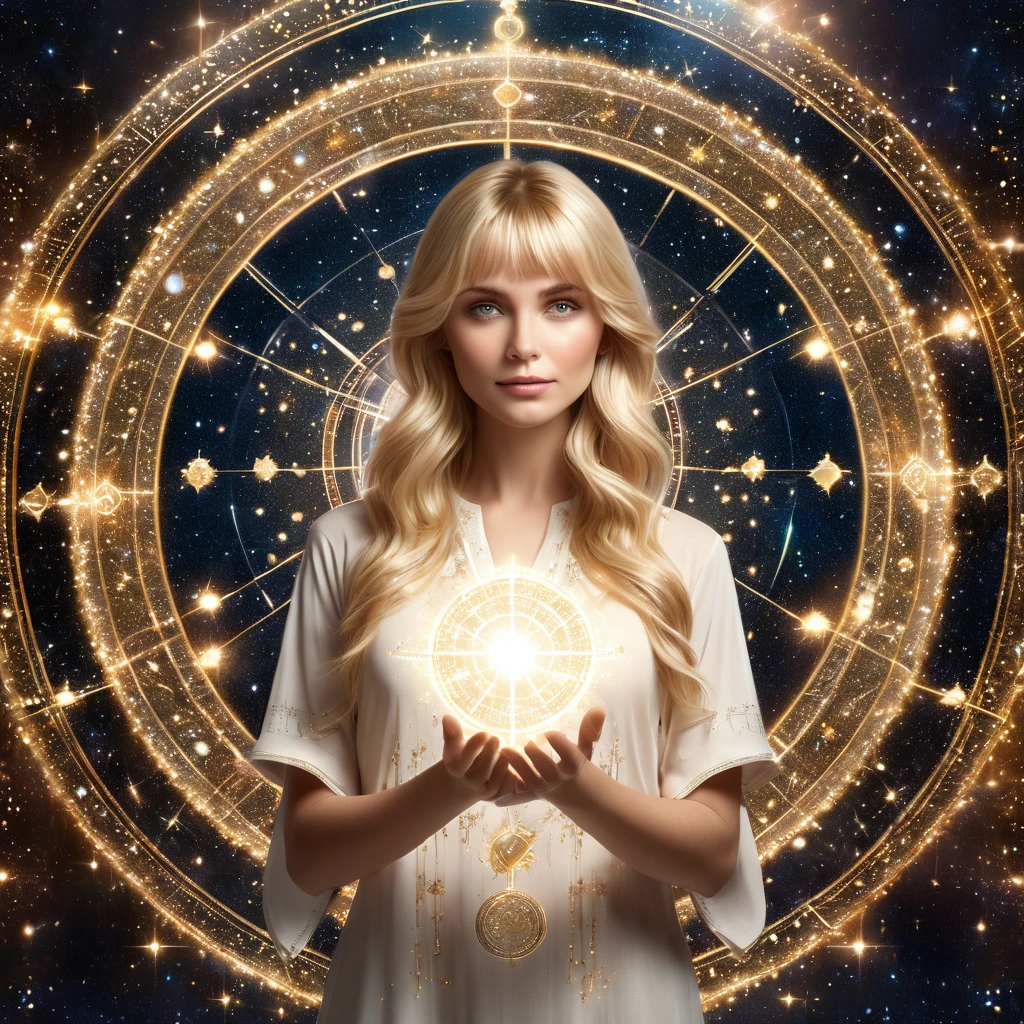 Astrologer, beckoning, blonde hair, bangs, 1girl, long hair, looking at viewer, 3D image of astrological horoscope circle on both palms, best quality, masterpiece, high quality, extremely detailed CG unity 8k wallpaper, delicate background, luminous particles, complex details, Sacred geometry,