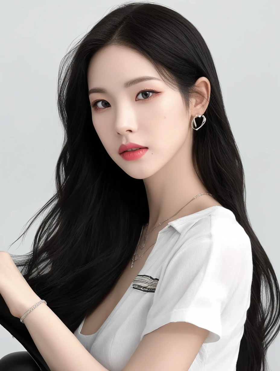 karina aespa, 1girl, solo, (realistic), (hyperrealism), (best quality), (masterpiece), (ultra high res), (ultradetailed), (photorealistic), (upper body:1.2), looking at the viewer, light eye makeup, detailed eyes, detailed face,
