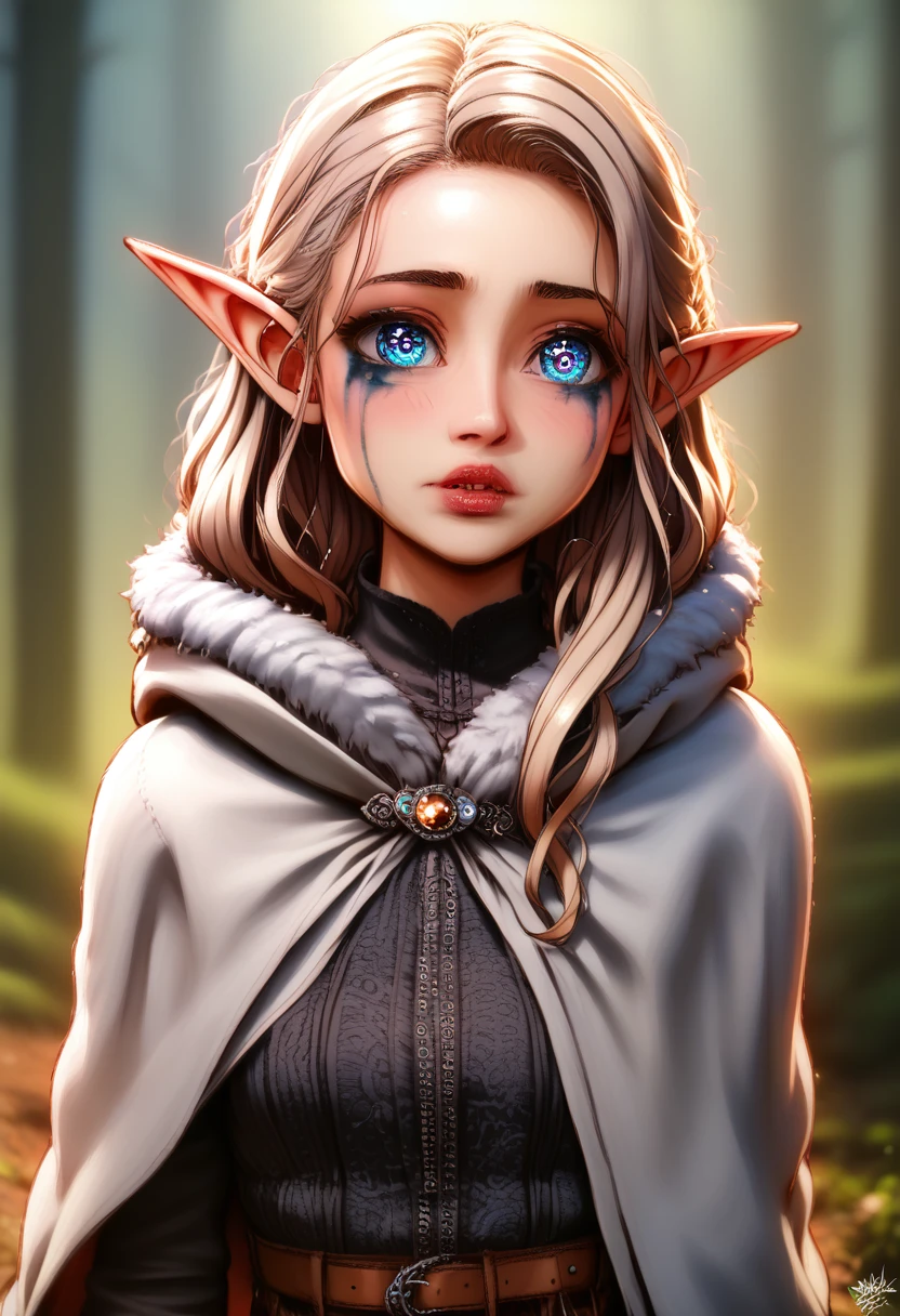 (masterpiece, top quality, best quality, official art, beautiful and aesthetic:1.2), (1girl), extreme detailed, (fractal art:1.3), colorful, highest detailed, perfect face, HDR, (white cloak golden lines:1.2), striking visuals, (dynamic streaks, luminous trails:1.2), vibrant colors, it looks even more beautiful than immortal, colored contact lenses, blush, high detail, anime, romanticism, modern, gothic art, anime style, film lighting, ray tracing, motion rye, close-up, sony fe gm, uhd, high detail, top quality, 8k, clean fingers, well-formed fingers, mdnn, (sharp focus:1.2), portrait, attractive young woman, (beautiful face:1.1), detailed eyes, luscious lips, (eye makeup:1.2), (tight body:1.2). (morning sun lighting:1.2), depth of field, bokeh, 4K, HDR. by (James C. Christensen:1.2|Jeremy Lipking:1.1) a small gnome girl with pale skin, very long wavy silver hair covering one eye, bright blue anime-style eyes with long lashes, wearing a corset, white puffy long sleeved shirt, and puffy cloth pants, leather bound boots, set in a windy fantasy landscape, (best quality, 4k, 8k, highres, masterpiece :1.2),ultra-detailed,dungeons and dragons, long elf ears, detailed skin and cloth textures, cute detailed face, intricate details, extremely detailed, 1girl, dynamic pose with hair covering one eye, shy personality, puffy cloth pants with leather belt, detailed privateer outfit, detailed buccaneer outfit, pouch on belt, wearing ornate leather armor with fur trim, silver inlay detail, wearing fur trimmed boots, wearing fur trimmed gloves, short, short height, halfing girl, small girl, very long detailed flowing hair, big head, big round eyes, windy, wind blown hair, wirey muscles, fighter, dynamic angle, kineticist, pathfinder, pathfinder kineticist, wind kineticist, pouty lips,