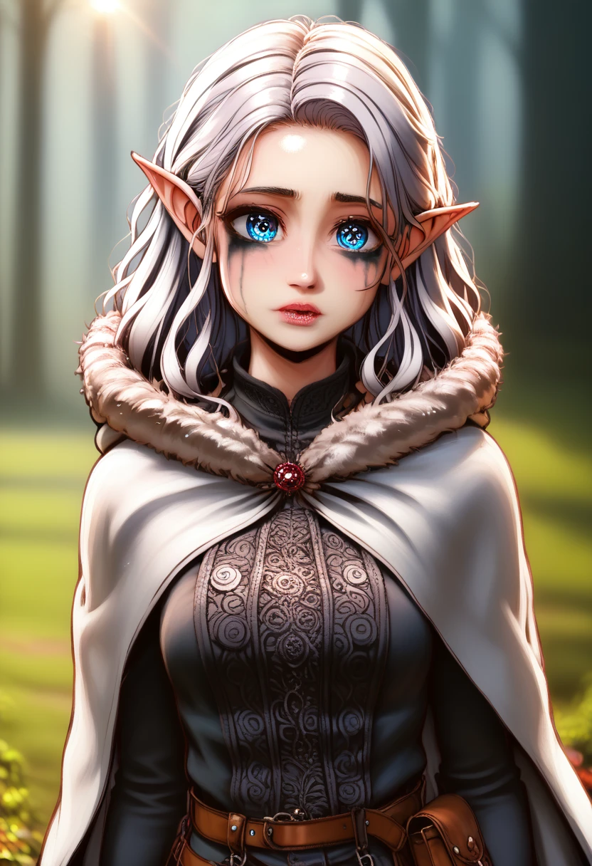 (masterpiece, top quality, best quality, official art, beautiful and aesthetic:1.2), (1girl), extreme detailed, (fractal art:1.3), colorful, highest detailed, perfect face, HDR, (white cloak golden lines:1.2), striking visuals, (dynamic streaks, luminous trails:1.2), vibrant colors, it looks even more beautiful than immortal, colored contact lenses, blush, high detail, anime, romanticism, modern, gothic art, anime style, film lighting, ray tracing, motion rye, close-up, sony fe gm, uhd, high detail, top quality, 8k, clean fingers, well-formed fingers, mdnn, (sharp focus:1.2), portrait, attractive young woman, (beautiful face:1.1), detailed eyes, luscious lips, (eye makeup:1.2), (tight body:1.2). (morning sun lighting:1.2), depth of field, bokeh, 4K, HDR. by (James C. Christensen:1.2|Jeremy Lipking:1.1) a small gnome girl with pale skin, very long wavy silver hair covering one eye, bright blue anime-style eyes with long lashes, wearing a corset, white puffy long sleeved shirt, and puffy cloth pants, leather bound boots, set in a windy fantasy landscape, (best quality, 4k, 8k, highres, masterpiece :1.2),ultra-detailed,dungeons and dragons, long elf ears, detailed skin and cloth textures, cute detailed face, intricate details, extremely detailed, 1girl, dynamic pose with hair covering one eye, shy personality, puffy cloth pants with leather belt, detailed privateer outfit, detailed buccaneer outfit, pouch on belt, wearing ornate leather armor with fur trim, silver inlay detail, wearing fur trimmed boots, wearing fur trimmed gloves, short, short height, halfing girl, small girl, very long detailed flowing hair, big head, big round eyes, windy, wind blown hair, wirey muscles, fighter, dynamic angle, kineticist, pathfinder, pathfinder kineticist, wind kineticist, pouty lips, 