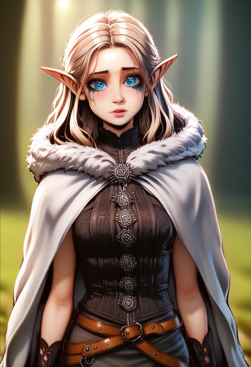 (masterpiece, top quality, best quality, official art, beautiful and aesthetic:1.2), (1girl), extreme detailed, (fractal art:1.3), colorful, highest detailed, perfect face, HDR, (white cloak golden lines:1.2), striking visuals, (dynamic streaks, luminous trails:1.2), vibrant colors, it looks even more beautiful than immortal, colored contact lenses, blush, high detail, anime, romanticism, modern, gothic art, anime style, film lighting, ray tracing, motion rye, close-up, sony fe gm, uhd, high detail, top quality, 8k, clean fingers, well-formed fingers, mdnn, (sharp focus:1.2), portrait, attractive young woman, (beautiful face:1.1), detailed eyes, luscious lips, (eye makeup:1.2), (tight body:1.2). (morning sun lighting:1.2), depth of field, bokeh, 4K, HDR. by (James C. Christensen:1.2|Jeremy Lipking:1.1) a small gnome girl with pale skin, very long wavy silver hair covering one eye, bright blue anime-style eyes with long lashes, wearing a corset, white puffy long sleeved shirt, and puffy cloth pants, leather bound boots, set in a windy fantasy landscape, (best quality, 4k, 8k, highres, masterpiece :1.2),ultra-detailed,dungeons and dragons, long elf ears, detailed skin and cloth textures, cute detailed face, intricate details, extremely detailed, 1girl, dynamic pose with hair covering one eye, shy personality, puffy cloth pants with leather belt, detailed privateer outfit, detailed buccaneer outfit, pouch on belt, wearing ornate leather armor with fur trim, silver inlay detail, wearing fur trimmed boots, wearing fur trimmed gloves, short, short height, halfing girl, small girl, very long detailed flowing hair, big head, big round eyes, windy, wind blown hair, wirey muscles, fighter, dynamic angle, kineticist, pathfinder, pathfinder kineticist, wind kineticist, pouty lips,