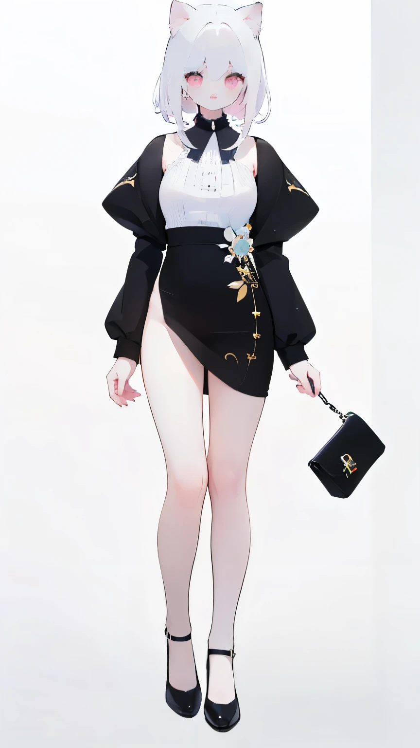 Tsundere 18 year old girl, beautiful and delicate eyes, beautiful lips, very detailed 눈과 얼굴, long eyelashes, 1girl, white cat ears, foot long bag, Front view, Red-eye, (top quality, 4K, 8K, high resolution, masterpiece:1.2), very detailed, (realistic인, realistic인, realistic인, realistic인, realistic: 1.37), very large breasts, elegant, fantasy, white background, I can see my armpits, white hair, black stockings