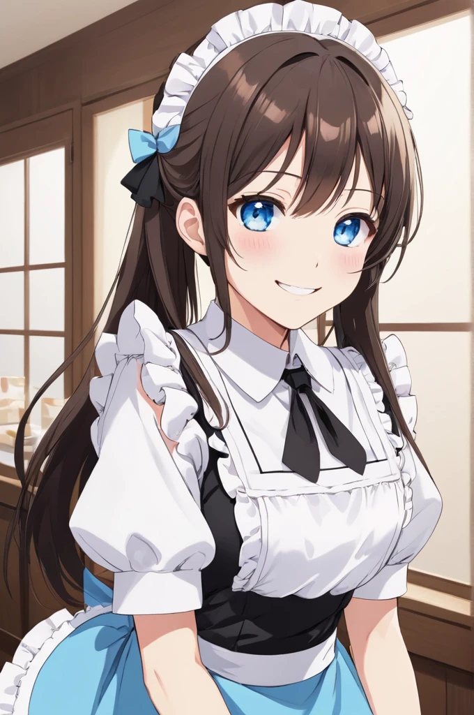 Sakurazaka Shizuku Black brown hair Long Hair Light blue eyes High quality smile Maid outfit maid Cafe Maid's Headband Large light blue hair ribbon Wrist scrunchies Light blue scrunchie