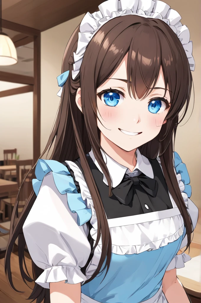 Sakurazaka Shizuku　Black brown hair　Long Hair　Light blue eyes　　High quality　smile　Maid outfit　maid Cafe　Maid&#39;s Headband　Large light blue hair ribbon　Wrist scrunchies　Light blue scrunchie