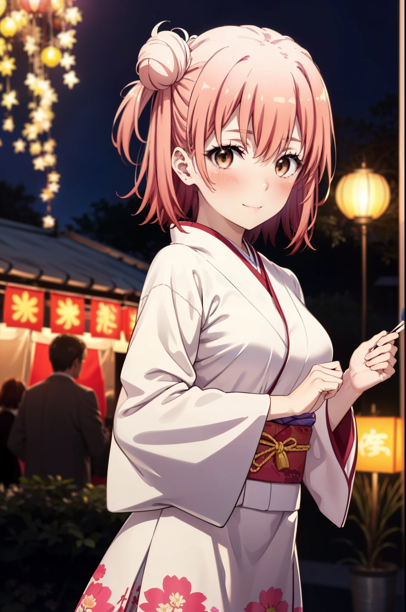 yuiyuigahama, yui yuigahama, short hair, (Brown eyes:1.5), (Pink Hair:1.2), smile,blush,Hair Bun,single Hair Bun, smile,Flower Hair Ornaments,Big Breasts,Pink kimono,Thick sleeves,Pink long skirt,Japanese Festivals,Summer festival food stalls,Red lantern,Fireworks in the night sky、Fireworks,The place is a fireworks display,Time is night,whole bodyがイラストに入るように
break outdoors, shrine,
break looking at viewer, whole body, (Cowboy Shot:1. 5)
break (masterpiece:1.2), Highest quality, High resolution, unity 8k wallpaper, (figure:0.8), (Beautiful attention to detail:1.6), Highly detailed face, Perfect lighting, Highly detailed CG, (Perfect hands, Perfect Anatomy),