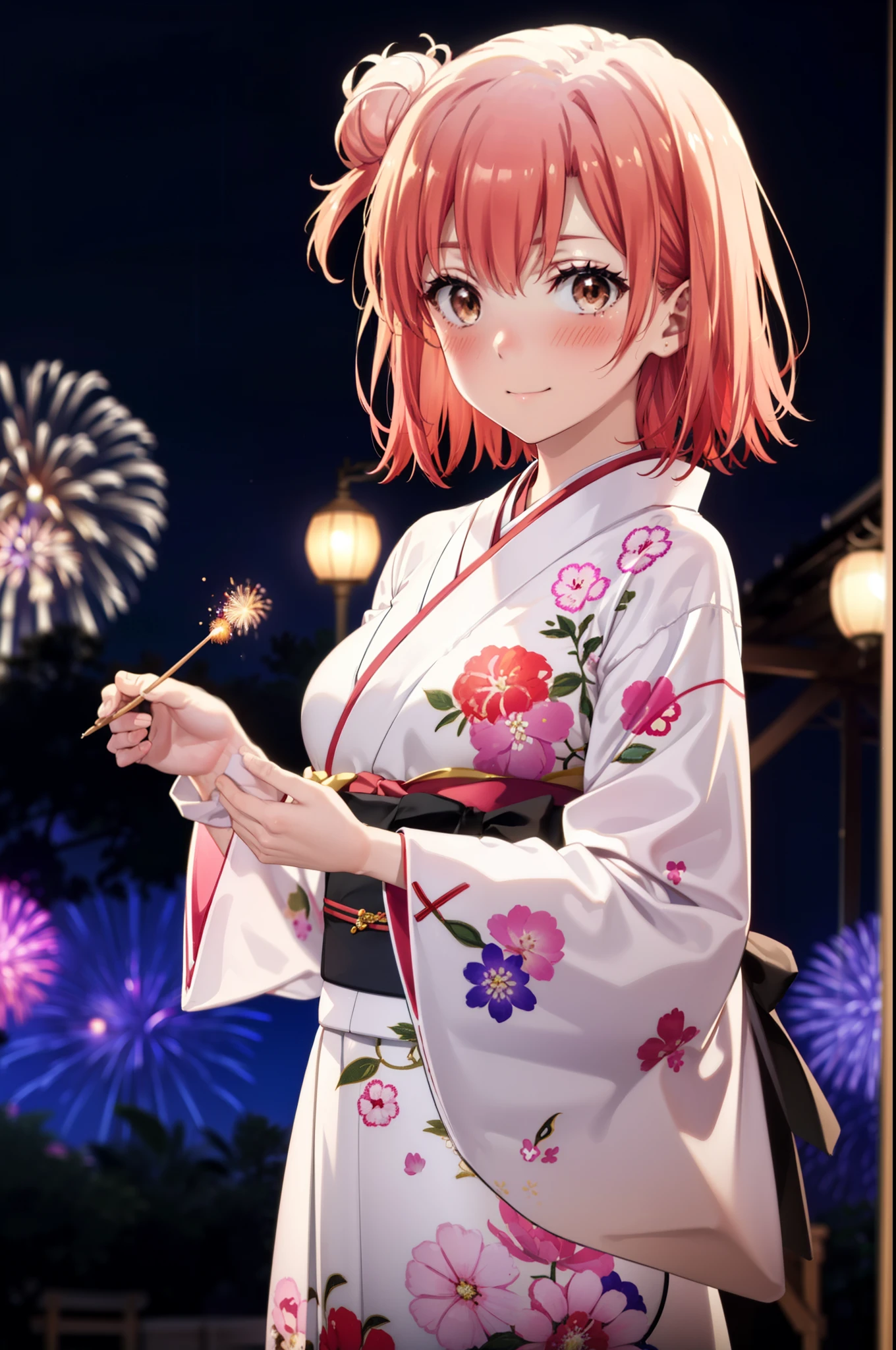 yuiyuigahama, yui yuigahama, short hair, (Brown eyes:1.5), (Pink Hair:1.2), smile,blush,Hair Bun,single Hair Bun, smile,Flower Hair Ornaments,Big Breasts,Pink kimono,Thick sleeves,Pink long skirt,Japanese Festivals,Summer festival food stalls,Red lantern,Fireworks in the night sky、Fireworks,The place is a fireworks display,Time is night,whole bodyがイラストに入るように
break outdoors, shrine,
break looking at viewer, whole body, (Cowboy Shot:1. 5)
break (masterpiece:1.2), Highest quality, High resolution, unity 8k wallpaper, (figure:0.8), (Beautiful attention to detail:1.6), Highly detailed face, Perfect lighting, Highly detailed CG, (Perfect hands, Perfect Anatomy),