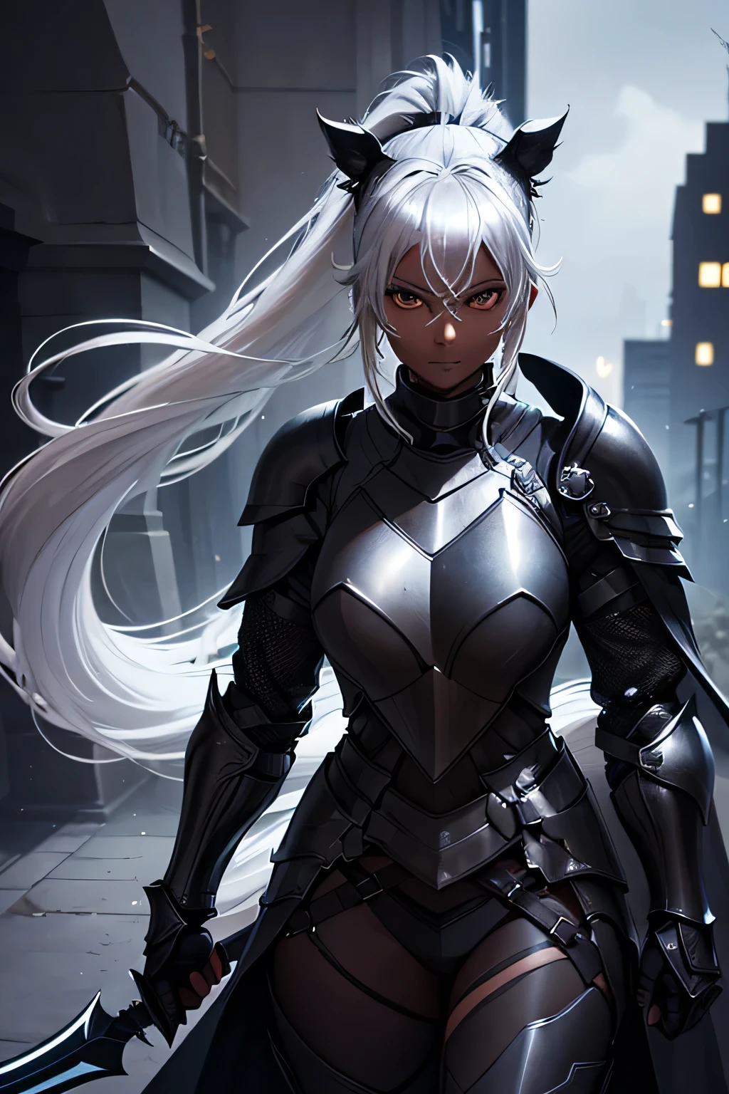 Beautiful 20 year old woman, (((Silver ponytail))),(((Dark Skin)))、Dark Knight,(((Black Armor)))、Swinging the Sword、In the Dark、Black Cape