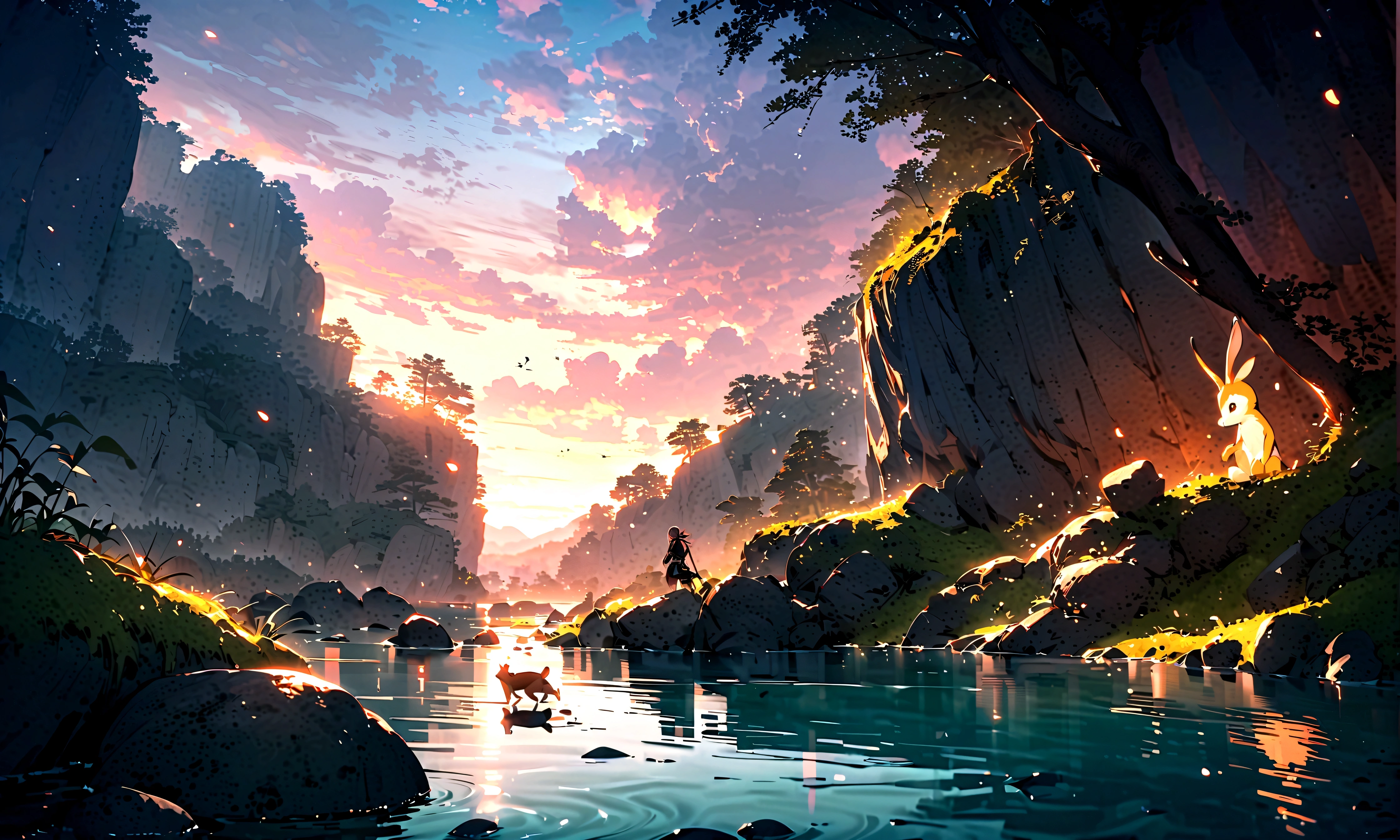Choju Jinbutsu Giga、Scroll、Rabbits playing in the water in a stream、monkey、Draw a deer。Draw a fallen frog on the left、右に下手人のmonkeyを追う蛙と兎を描く、兎と蛙がmonkeyを追う。The frog falls on its back and the fox is drawn to it.。A rabbit jumps off a cliff holding its nose。鹿に乗る兎と水をかけるmonkey。