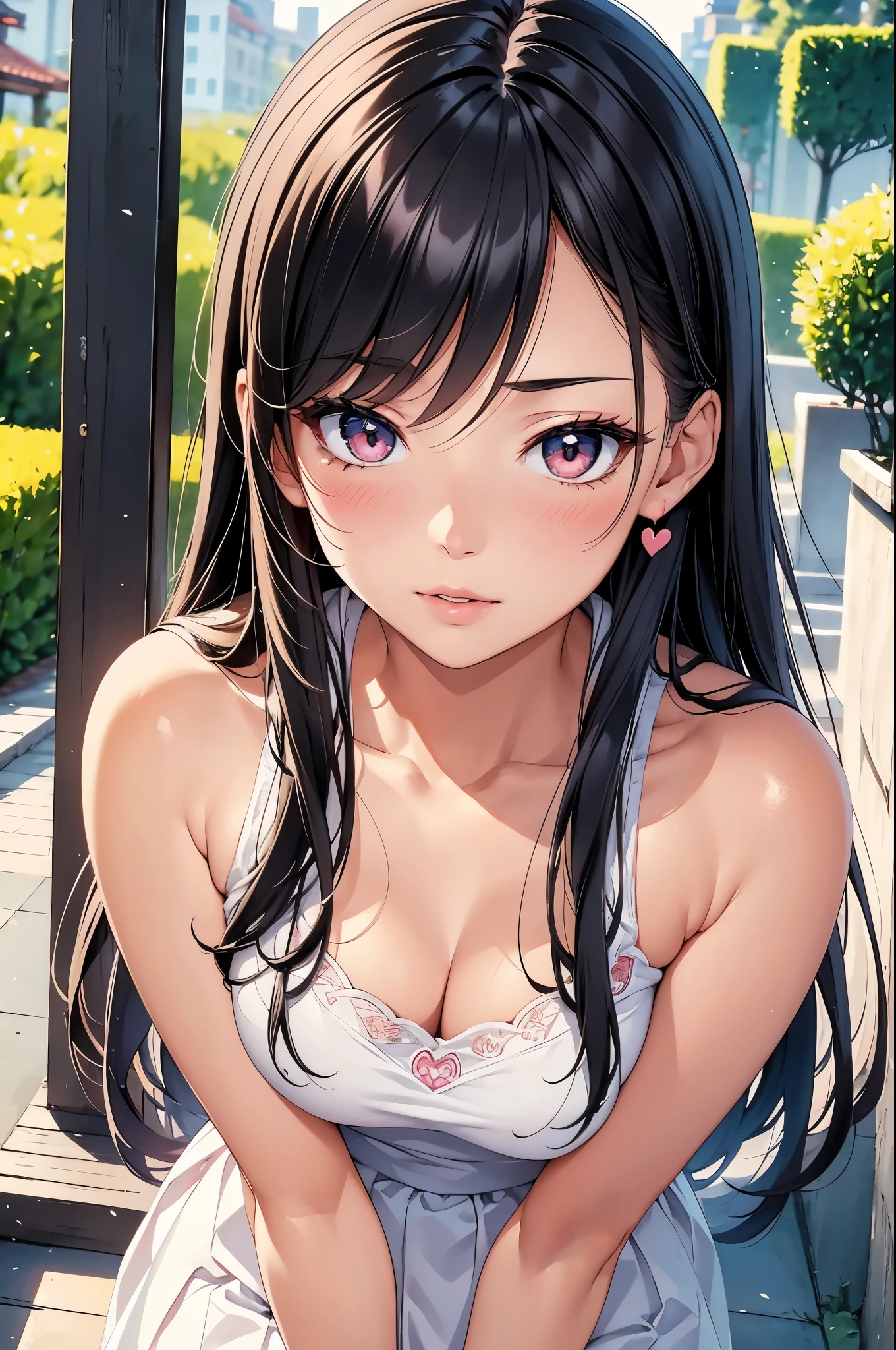 1 lady, Beautiful asian lady, Long straight hair, beautiful face, detailed face, delicate eyes, detailed pupil, beautiful and delicate lips, white camisole long skirt, Simple and stylish, hand drawn animation, high detailed, outdoor, blush, shy, heart, in love, symmetrical clothes, best quality, masterpiece, retina