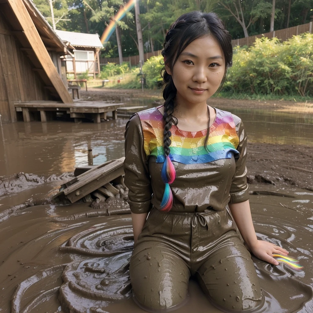 young naked asian teen girl on very muddy road