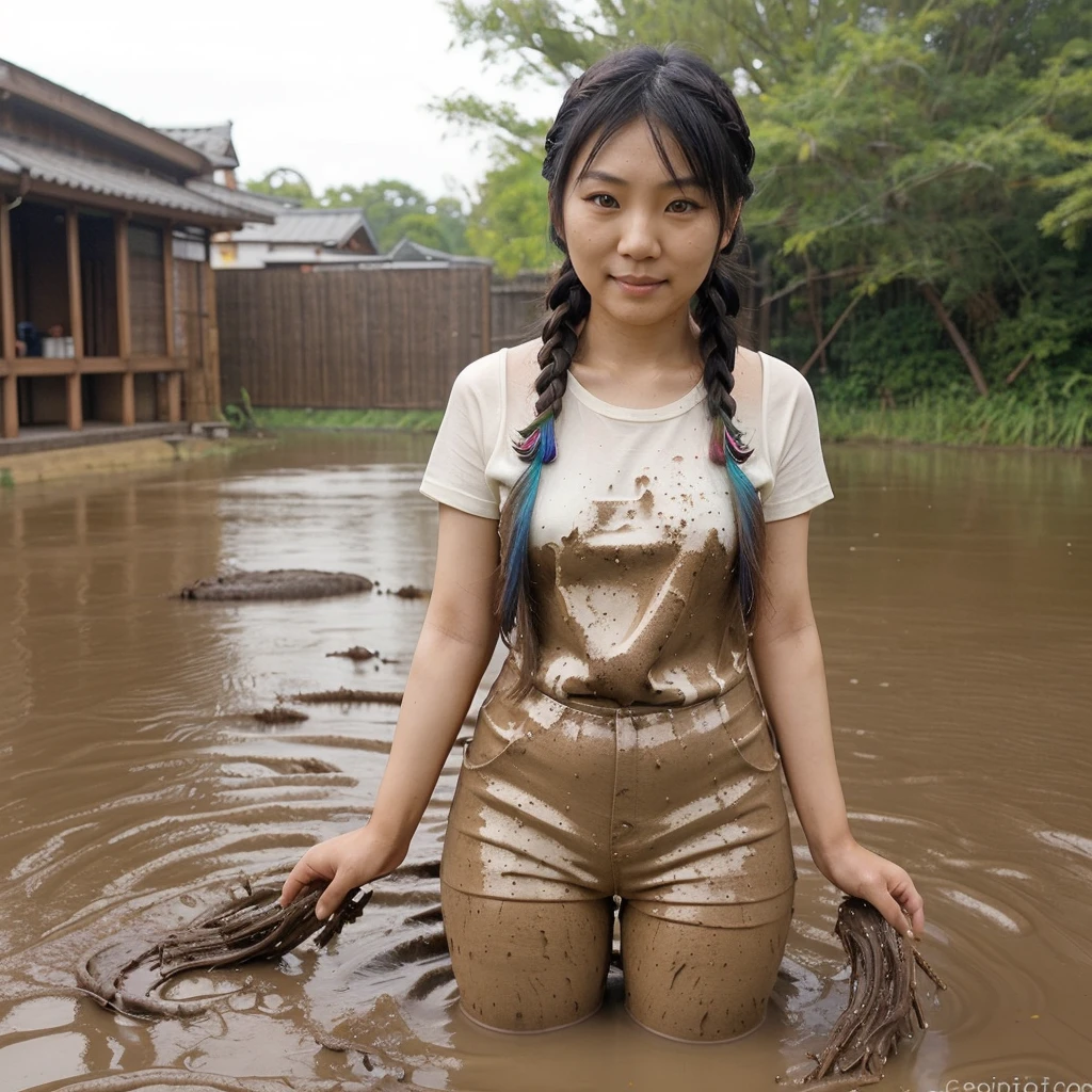 Very cute asian (adult) girl Have long rainbow mud braid