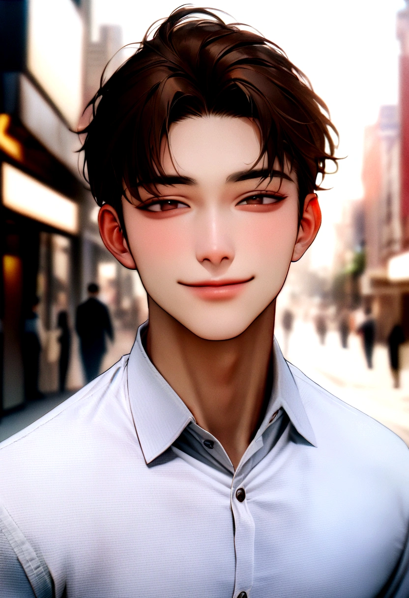 ((Highest quality, 8K, masterpiece :1.3)), One Korean man, smile, whole body, Slim face, a handsome guy, (Dark brown hair), Dress shirt :1.1, Highly detailed face, Fine grain, double eyelid, Blur the background, Slim face, city, outside, street,Cheating Man