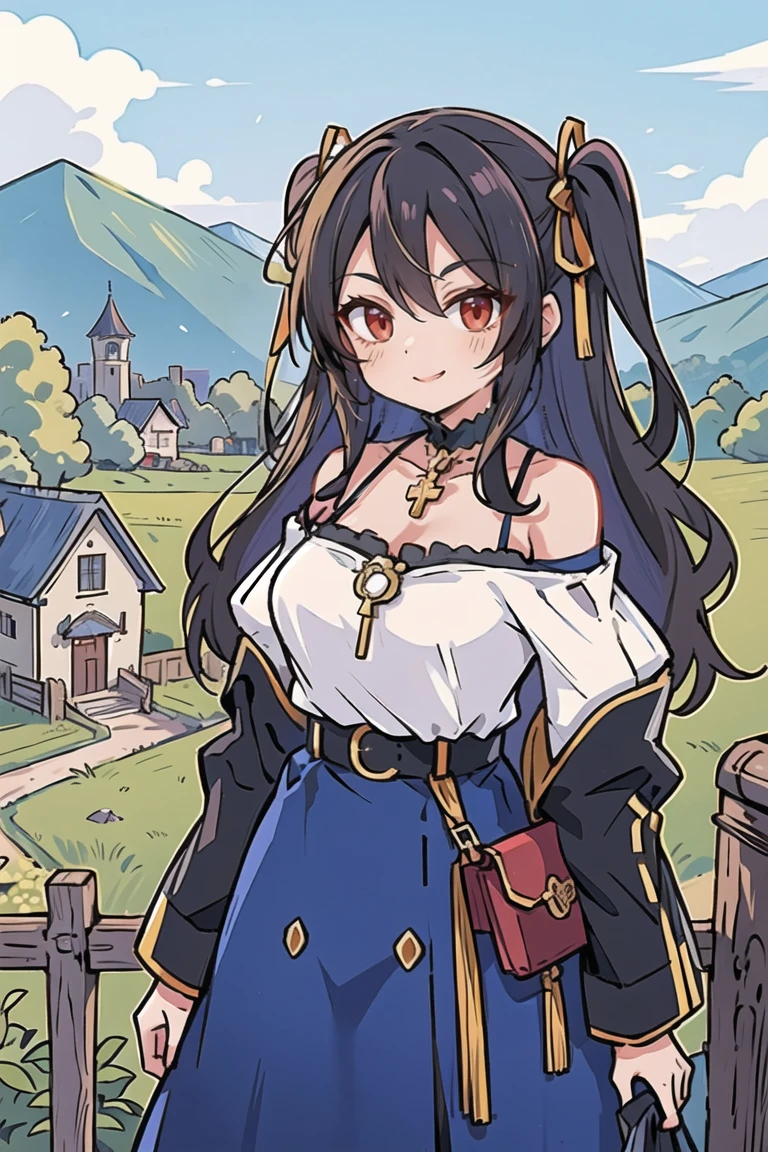 (masterpiece:1.2), (high quality:1.2), (hui xiyi:0.75), rekkyo sensen, rekkyou sensen, solo focus, girls with((black hair, tits cleavage, exposed breasts, breasts close up, dress, blue clothes, ribbon belt, off-shoulder sleeves, long sleeves, furry jacket, frills shirt, frills camisole, straps, (rosary choker, golden rosary, cross:1.05), upper body, (long wavy hair, one side up:1.2))), background with ((architecture, blue sky, building, bush, castle, village, no humans, cloud, cloudy sky, day, fence, field, garden, grass, hill, house, lamppost, landscape, mountain, mountainous horizon, nature, no humans, outdoors, scenery, shrine, sky, tower)), cowboy shot, anime, anime style