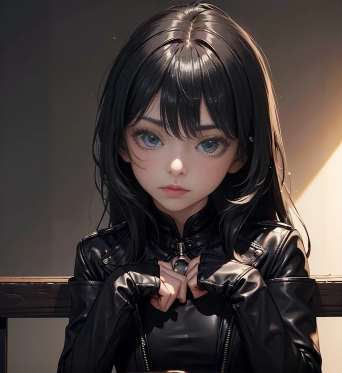 ((Masterpiece, Highest quality)), Detailed face, perfectly proportions, full bodyesbian, Full of details,A beautiful girl,Black leather gloves,Black leather rider jacket,Black leather leggings,Black leather boots,Black leather neckline bodice,High Balance, Natural light