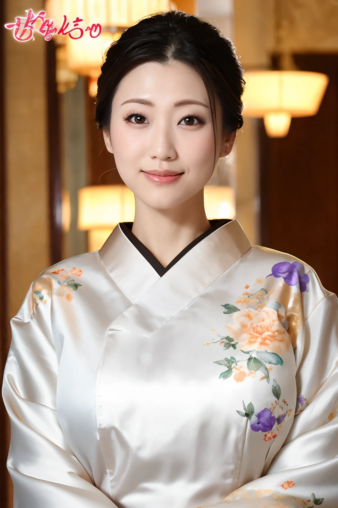 (Highest quality、Tabletop、8K、Best image quality、Award-winning works)、(1 Beautiful Mature Woman:1.1)、(Innkeeper:1.1)、(Elegant floral kimono:1.2)、Perfect Mature Woman Portrait Photo、Glowing Skin、Standing Elegantly、Face close-up、(Blurred elegant luxury hotel background:1.3)、Glowing White Skin、Very white skin、(Voluptuous body:1.1)、(Large Breasts:1.2)、(Accentuate your body lines:1.1)、The most elegant posture