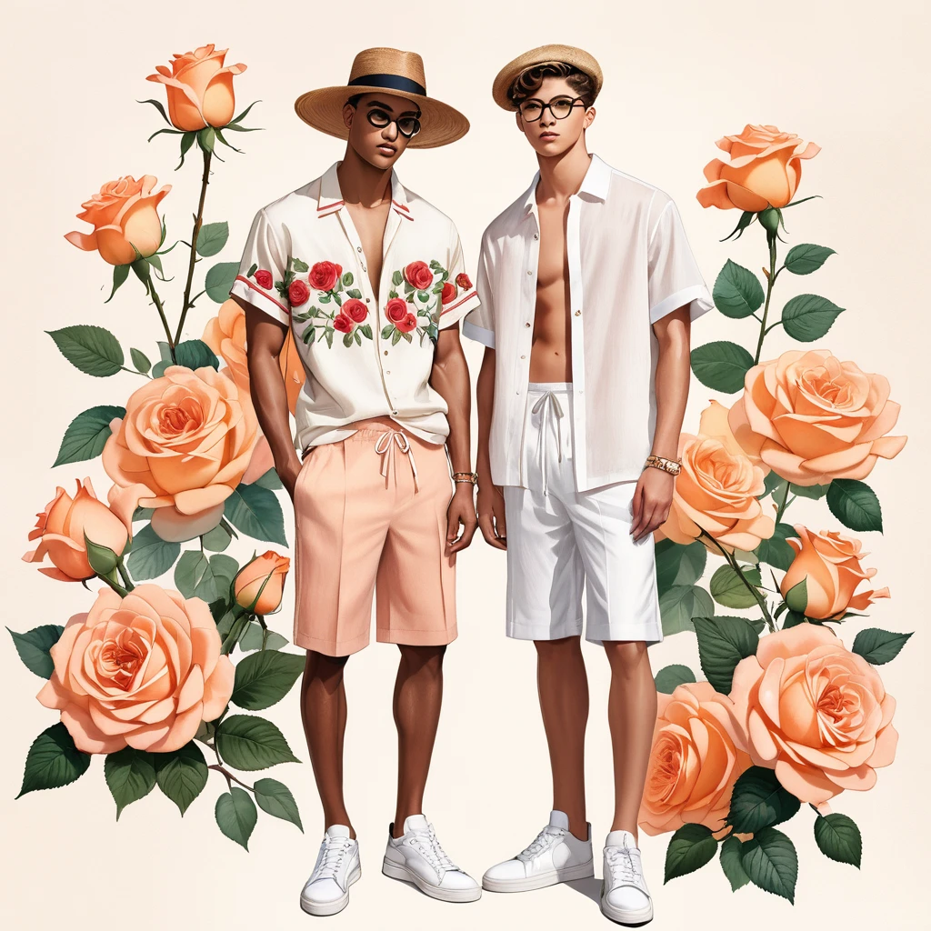 candid fashion illustration of young Mixed race 2man, both aged 18-23 year old, ((showcase fashion look book in linen outfits)), the design inspired of The Juliet Rose by David Austin, in elegant chic style. The man wears an oversized short-sleeved shirt with a minimal rose embroidery details, paired with relaxed-fit white Short with Drawstring, He completes his look with white sneakers and round glasses. The boyfriend complements him in a skinny fitted speedo in a stripe pattern, semi bulge, He resemble includes an accessorizes with a brimmed straw hat and white sneakers, Captured in a low angle, ((full-body image)), ((roses motifs background)), fashion sketching, realistic drawing, ((imperfect water color drawing background)), fashion look book, fashion illustrator, fashion sketch design, gay, gay couple, The Juliet Rose, is renowned for its soft apricot color. The blooms have a gentle, peachy-apricot hue with a light to medium tone, and they are large and full, with a rosette shape.