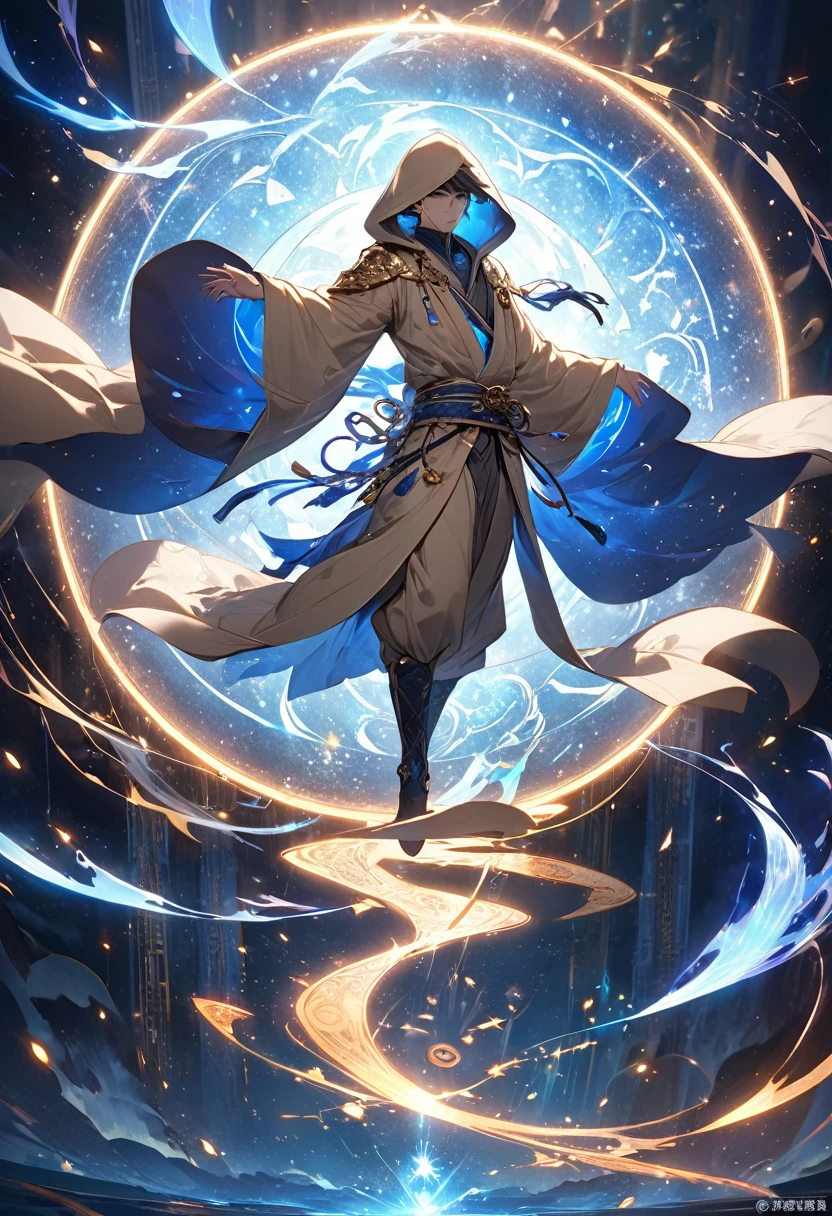 Mysterious ninja standing sideways holding a blue glowing star in his hand ( Correct and perfect  ) Flowing robe, A man wearing a beige hooded robe with swirling starry magic energy(flying robe))Man mysterious ninja sideways, face partially obscured by turban or mask, holding a blue glowing star in hand with blue fire power on the side, background is a huge star shaped blue light magic circle,

              Mystic Fantasy Art Mystical Blue Light Runes Hovering Around  (cinematic), meticulously made, Magical power, A detailed and intricate masterpiece of magic circles, Lighting effects Highly detailed fantasy magic concept art Highly detailed HD cinematic magic fantasy Gorgeous digital art