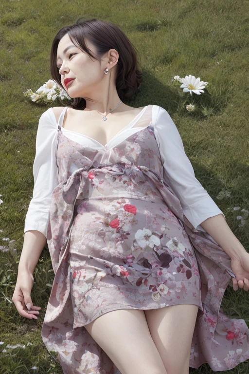 Beautiful mature Japanese woman aged 55, Long eyelashes, Bob Hair, Red lipstick, Pearl Necklace, Earrings, Dark eyeshadow, Small breasts, Flat chest, Flat Chest, A floral dress that reveals her breasts, Lying on the meadow, Sleep on your back,