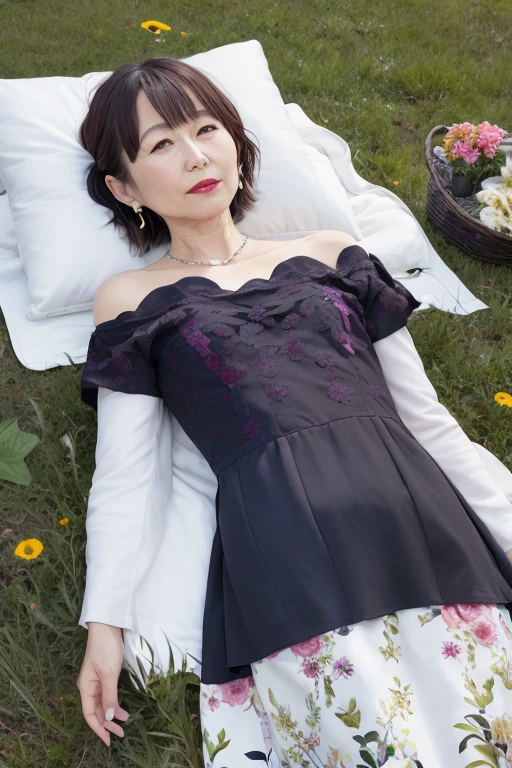 Beautiful mature Japanese woman aged 55, Long eyelashes, Bob Hair, Red lipstick, Pearl Necklace, Earrings, Dark eyeshadow, Small breasts, Flat chest, Flat Chest, A floral dress that reveals her breasts, Lying on the meadow, Sleep on your back, 