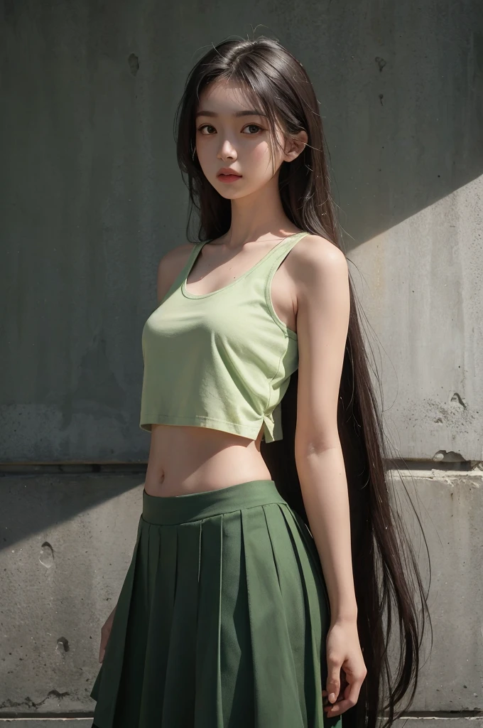20 year old girl, green tank top, green skirt, long hair, high contrast (Natural skin texture, Hyperrealism, Soft Light, sharp), portrait, standing, kpop