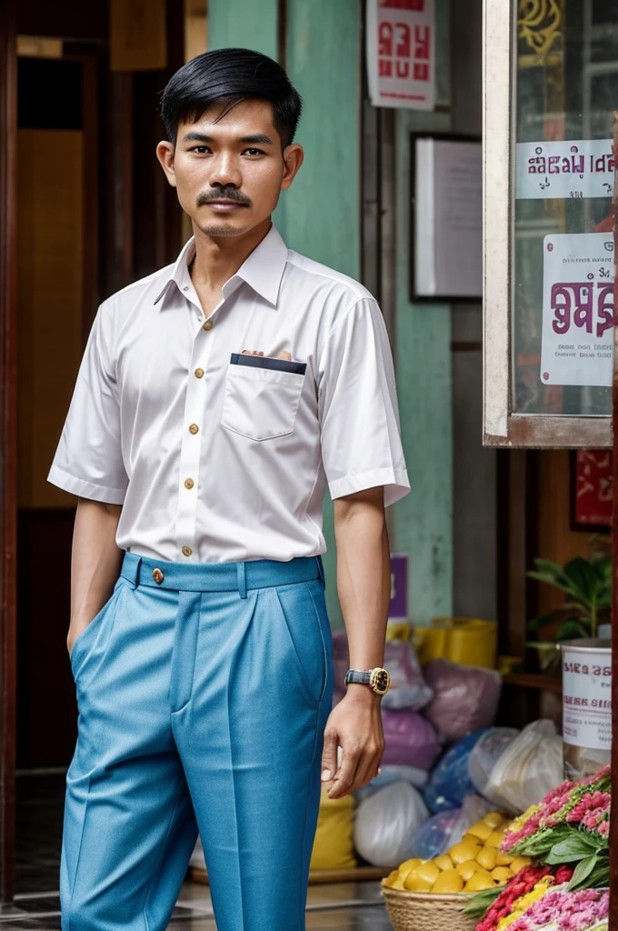 A Thai man, about 20 years old, has short hair and a short mustache, is thin and has an expensive-looking outfit. He is a billion baht man. His name is Po.