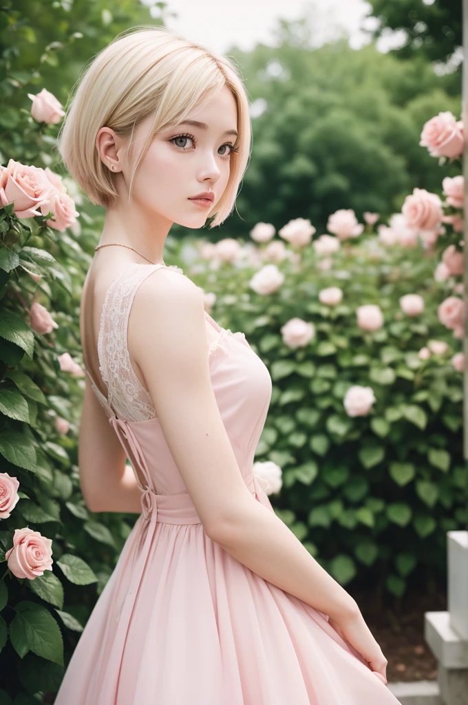 8K, CRU photo, Fujifilm, style photo of a beautiful young woman like Avril in a light pink rose garden (highly detailed skin: 1.2) Style-Petal BREAK short hair, blonde hair with colored highlights, wearing a dress, film grain, 35mm, cute style