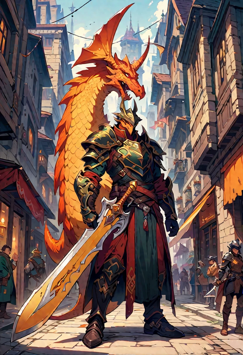 DnD character art, fantasy warrior with dragon head helmet and orange scales holding sword in hand standing on city street, green , black leather gloves, high details, in the style of fantasy., knight dragon, big sword, holdingsword