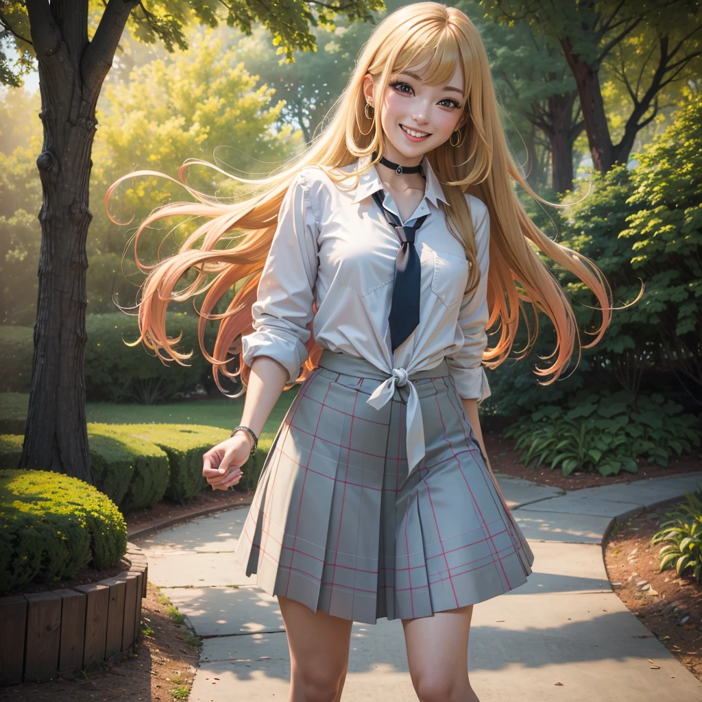 masterpiece, best quality, highres, kitagawa marin, 1girl, blonde hair, long hair, multicolored hair, red eyes, jewelry, earrings, piercing, , white shirt, tied shirt, black choker, blue necktie, plaid skirt, grin, smile, standing, cowboy shot, outdoors,