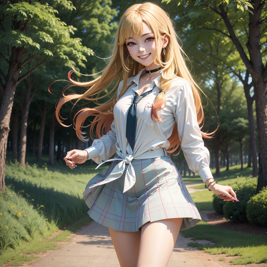 masterpiece, best quality, highres, kitagawa marin, 1girl, blonde hair, long hair, multicolored hair, red eyes, jewelry, earrings, piercing, , white shirt, tied shirt, black choker, blue necktie, plaid skirt, grin, smile, standing, cowboy shot, outdoors,