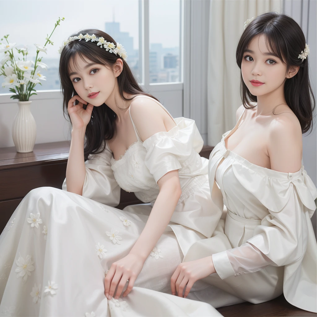 ((best picture quality)))、(8k quality)、((masterpiece))、(Very exquisite、Pretty white)、(wear a skirt)、(1 female)、(Short black hair)、dress up、With floral pattern,Soft silk fabric,light,Gentle expression,(Smile:1.3),((Chiaroscuro)),Luxurious interior window sill,((breast))