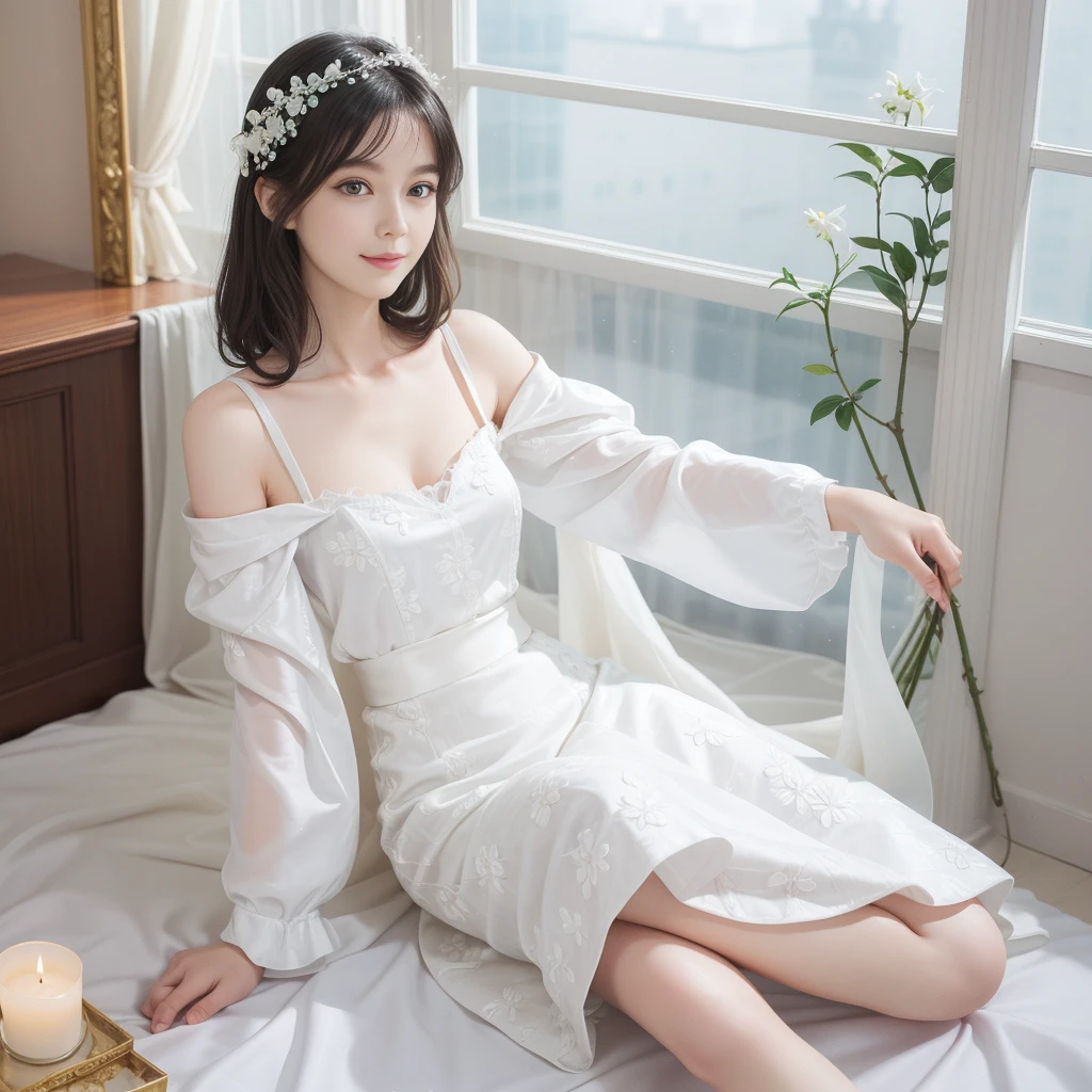 ((best picture quality)))、(8k quality)、((masterpiece))、(Very exquisite、Pretty white)、(wear a skirt)、(1 female)、(Short black hair)、dress up、With floral pattern，Soft silk fabric，light，Gentle expression，（Smile：1.3），（（Chiaroscuro）），Luxurious interior window sill，（（breast））