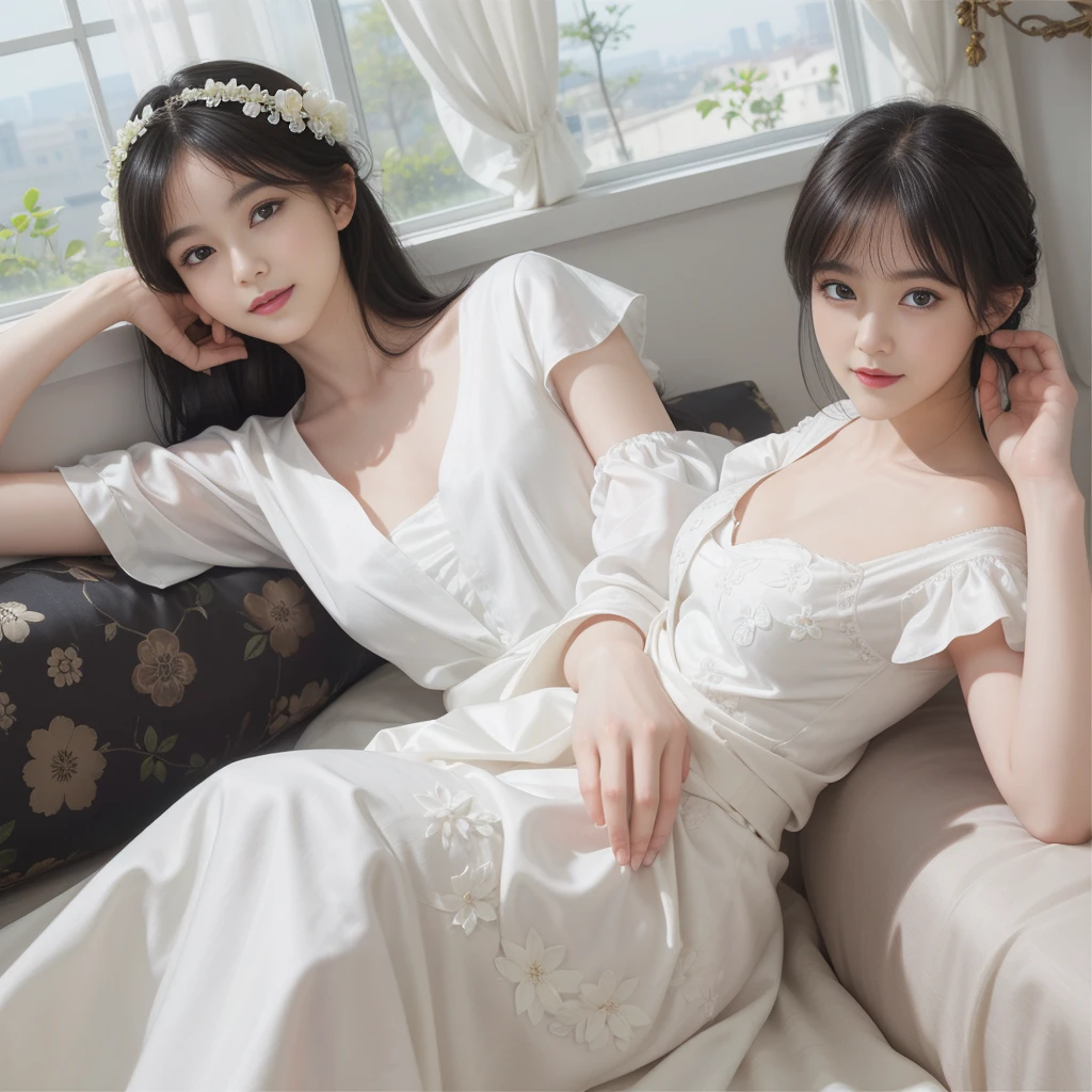 ((best picture quality)))、(8k quality)、((masterpiece))、(Very exquisite、Pretty white)、(wear a skirt)、(1 female)、(Short black hair)、dress up、With floral pattern，Soft silk fabric，light，Gentle expression，（Smile：1.3），（（Chiaroscuro）），Luxurious interior window sill，（（breast））