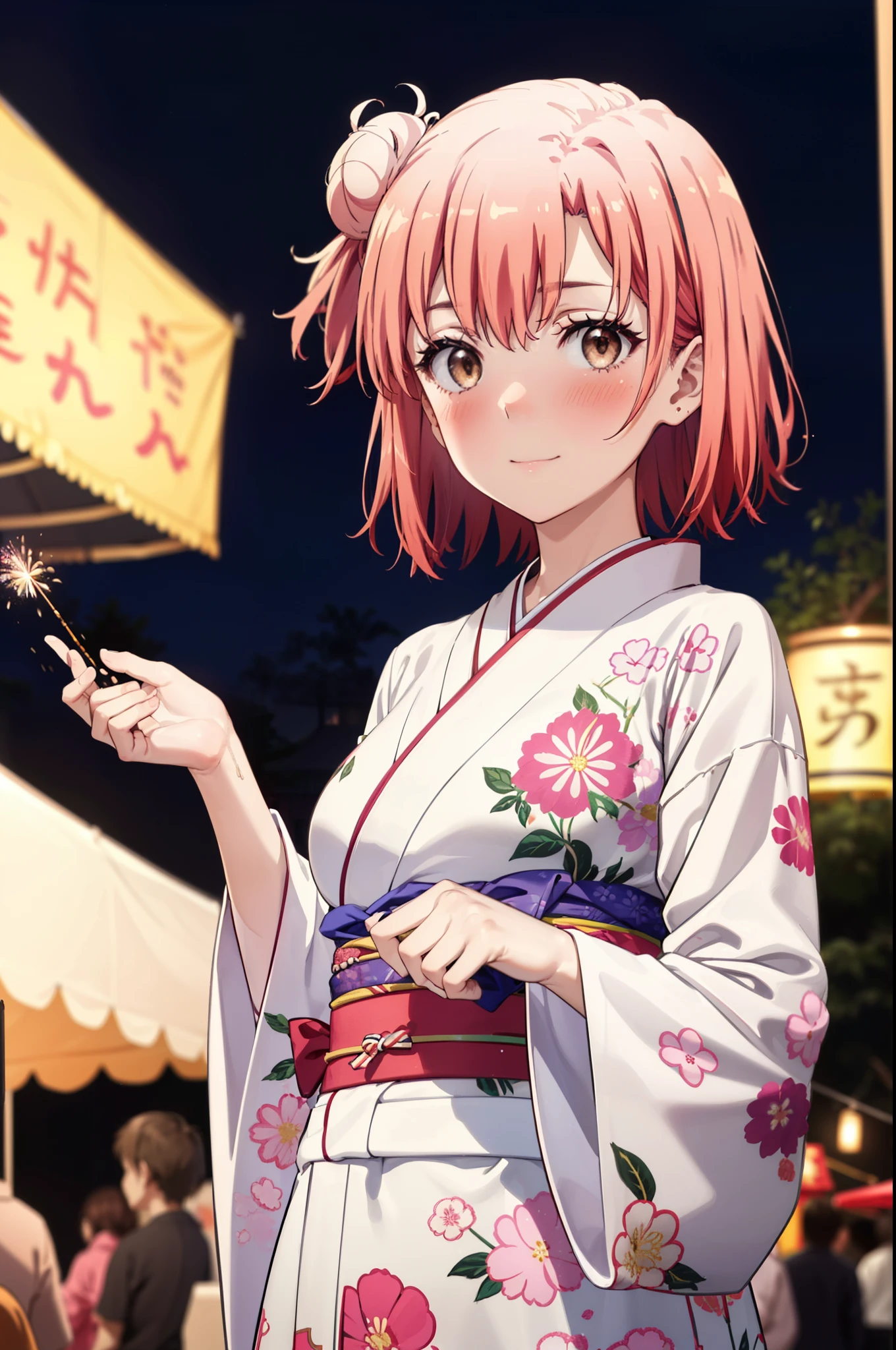 yuiyuigahama, yui yuigahama, short hair, (Brown eyes:1.5), (Pink Hair:1.2), smile,blush,Hair Bun,single Hair Bun, smile,Flower Hair Ornaments,Big Breasts,Pink kimono,Thick sleeves,Pink long skirt,Japanese Festivals,Summer festival food stalls,Red lantern,Fireworks in the night sky、Fireworks,The place is a fireworks display,Time is night,whole bodyがイラストに入るように
break outdoors, shrine,
break looking at viewer, whole body, (Cowboy Shot:1. 5)
break (masterpiece:1.2), Highest quality, High resolution, unity 8k wallpaper, (figure:0.8), (Beautiful attention to detail:1.6), Highly detailed face, Perfect lighting, Highly detailed CG, (Perfect hands, Perfect Anatomy),
