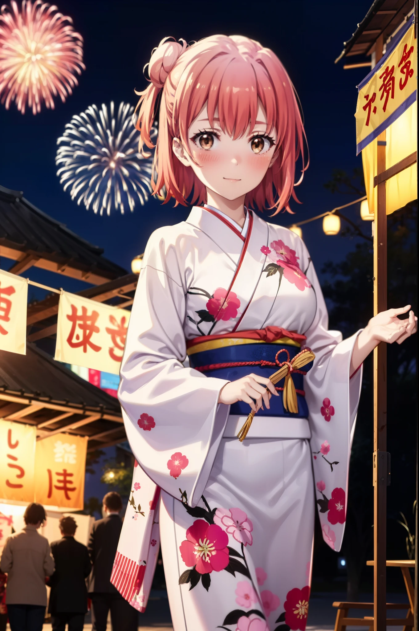 yuiyuigahama, yui yuigahama, short hair, (Brown eyes:1.5), (Pink Hair:1.2), smile,blush,Hair Bun,single Hair Bun, smile,Flower Hair Ornaments,Big Breasts,Pink kimono,Thick sleeves,Pink long skirt,Japanese Festivals,Summer festival food stalls,Red lantern,Fireworks in the night sky、Fireworks,The place is a fireworks display,Time is night,whole bodyがイラストに入るように
break outdoors, shrine,
break looking at viewer, whole body, (Cowboy Shot:1. 5)
break (masterpiece:1.2), Highest quality, High resolution, unity 8k wallpaper, (figure:0.8), (Beautiful attention to detail:1.6), Highly detailed face, Perfect lighting, Highly detailed CG, (Perfect hands, Perfect Anatomy),