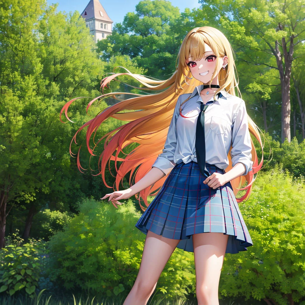 masterpiece, best quality, highres, kitagawa marin, 1girl, blonde hair, long hair, multicolored hair, red eyes, jewelry, earrings, piercing, , white shirt, tied shirt, black choker, blue necktie, plaid skirt, grin, smile, standing, cowboy shot, outdoors,