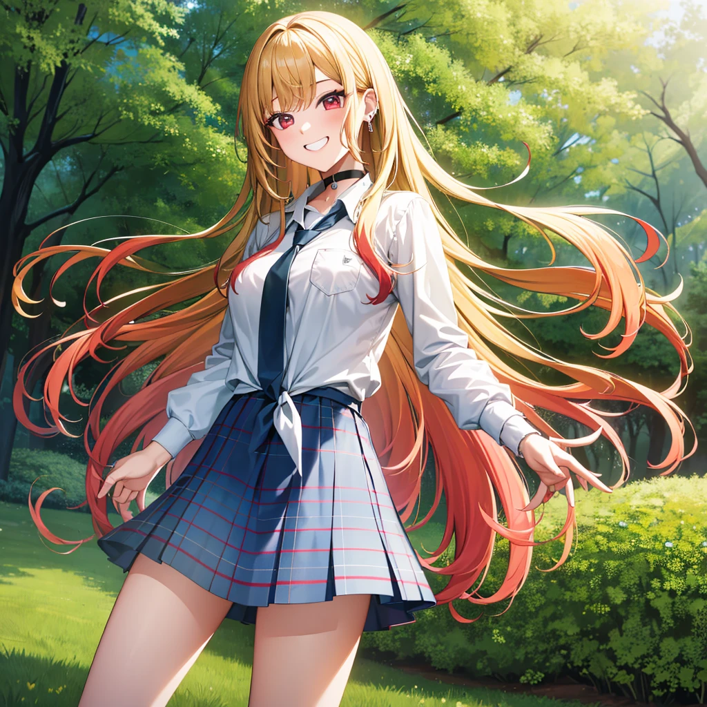 masterpiece, best quality, highres, kitagawa marin, 1girl, blonde hair, long hair, multicolored hair, red eyes, jewelry, earrings, piercing, , white shirt, tied shirt, black choker, blue necktie, plaid skirt, grin, smile, standing, cowboy shot, outdoors,