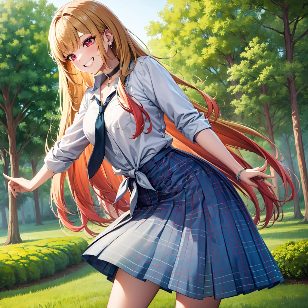 masterpiece, best quality, highres, kitagawa marin, 1girl, blonde hair, long hair, multicolored hair, red eyes, jewelry, earrings, piercing, , white shirt, tied shirt, black choker, blue necktie, plaid skirt, grin, smile, standing, cowboy shot, outdoors,