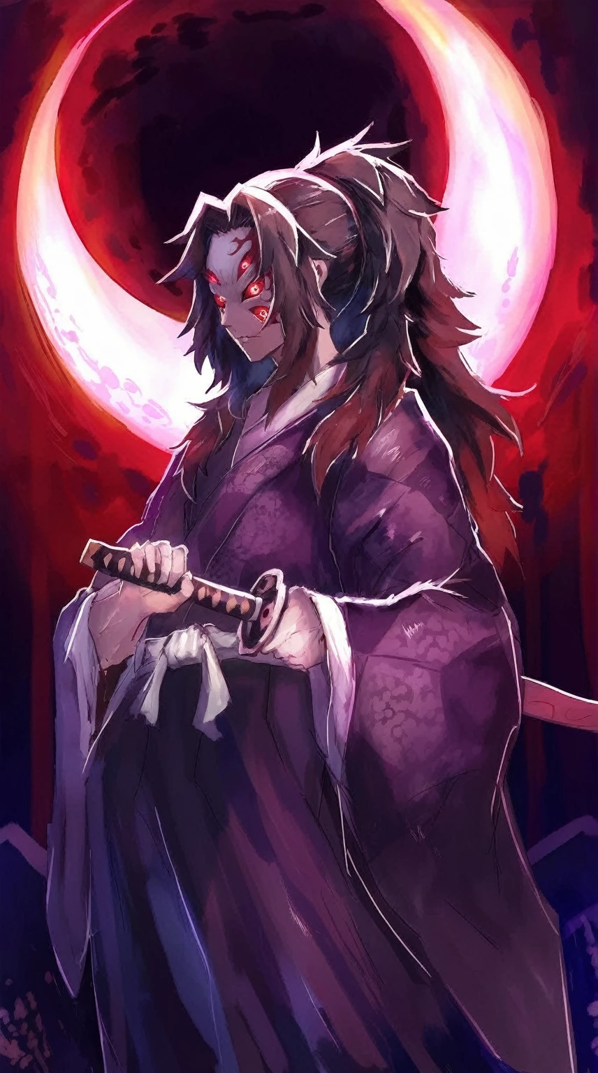 Close-up of a person holding a sword in front of a red moon, Demon Slayer Art Style, Handsome men from Demon Slayer, Demon Samurai, Beautiful male grim reaper, Demon Slayer Louis Fan Art, itatchi uchiha, Demon Samurai warrior, onmyoji portrait, madara uchiha, akiyuki shinbou, Add Shadow, Light, dark, Six Eyes