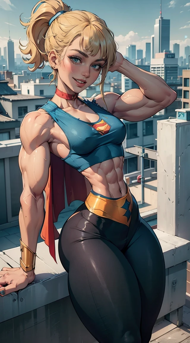 (Muscular:1.9), (thick thighs:1.8),
(blonde female), (supergirl:1.5), (big smile:1.7), (blunt bangs), (ponytail:0.8),
earrings, lipstick, eyeshadow,
(hard nipples), (small breasts:2),
(blue sleeveless tanktop, midriff, leggings:1.9), (small cape:1.3), (choker:1.2), (active pose:1.5),
looking at viewer, three quarter view, (upper body view), (sideboob),
(rooftop, skyline background:1.3), rim lighting, two tone lighting, dim lighting, bokeh, detailed skin, detailed eyes