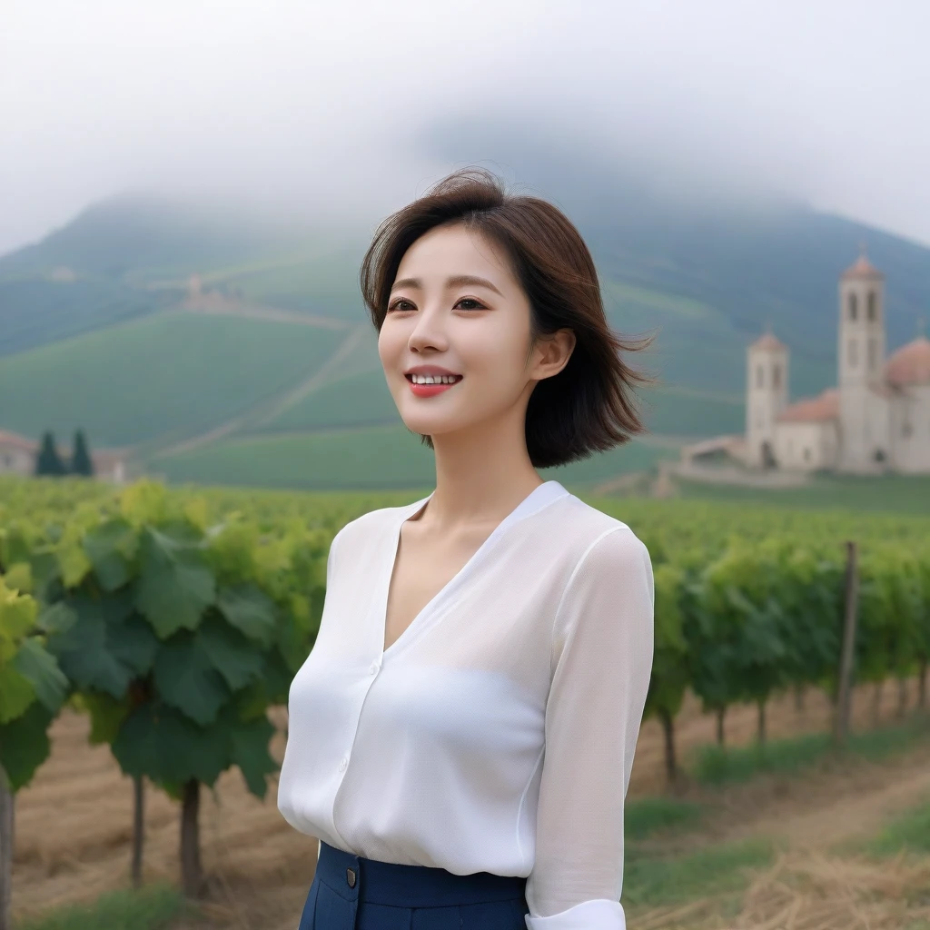 k Best picture quality, Beautiful 36-year-old Korean woman, My skin is good and my eyes are clear and pretty... clear and nice weather. Chest size 34 inches, italian countryside, past the vineyard, A cathedral can be seen in the fog in the distance.., The back background is realistic and vivid quality., Short and medium hair blowing in the wind, Wearing a white shirt under a knit that covers your luxurious chest. casual pants, laugh. the background is clear, Short and slim Korean woman, stand far away, Photo taken with a wide-angle lens, 1 woman