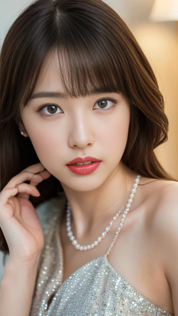 (Highly detailed CG Unity 8k wallpaper)、(masterpiece)、(Highest quality)、(Super detailed)、(Best illustrations)、(Best Shadow)、Ultra-high resolution、(Real、Photorealistic:1.2)、(Kyoko Otonashi of the Reiwa Era:1.4)、(Long hair with bangs that fall on the forehead:1.4)、(Large Breasts:1.2)、(Dressing up for a date:1.2)、(Formal Wear:1.2)、(Pearl Necklace:1.4)、(Hotel lounge:1.2)、(Red Lip:1.4)、The posture is relaxed、Using lighting and shadows、Emphasizing three-dimensionality and realism、Please express natural light reflection、Puffy eyes、Close-up、Cloudy soft light、(Upper Body:1.4)