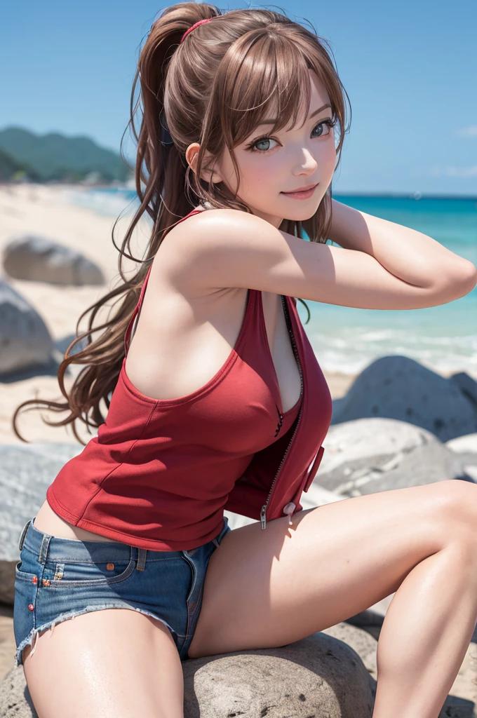 (masterpiece:1.2), (photorealistic:1.2), (best quality),((realistic:1.3)), (detailed skin:1.3), (intricate details), 1girl, dramatic, quality,realistic lighting, ponytail, medium breasts,1girl,aalisa, long hair, blunt_bangs, brown hair, grey eyes, smile,looking at viewer, solo, highres, beach, Raise hands, Thigh, Nice hands, Detailed hands, detailed eyes, good eyes, singlet, long levis, Sit on a rock , jacket, Armpit