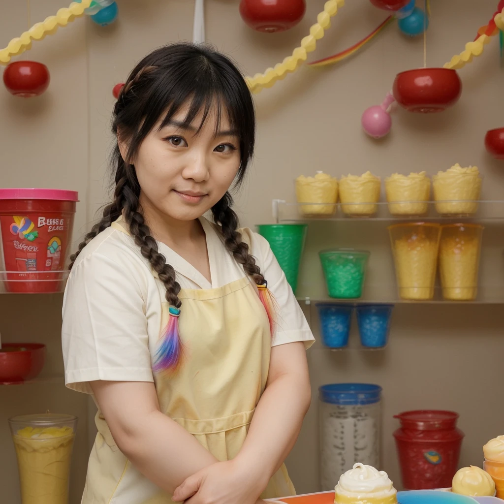 Very cute asian (adult) girl Have long rainbow custard  braid
