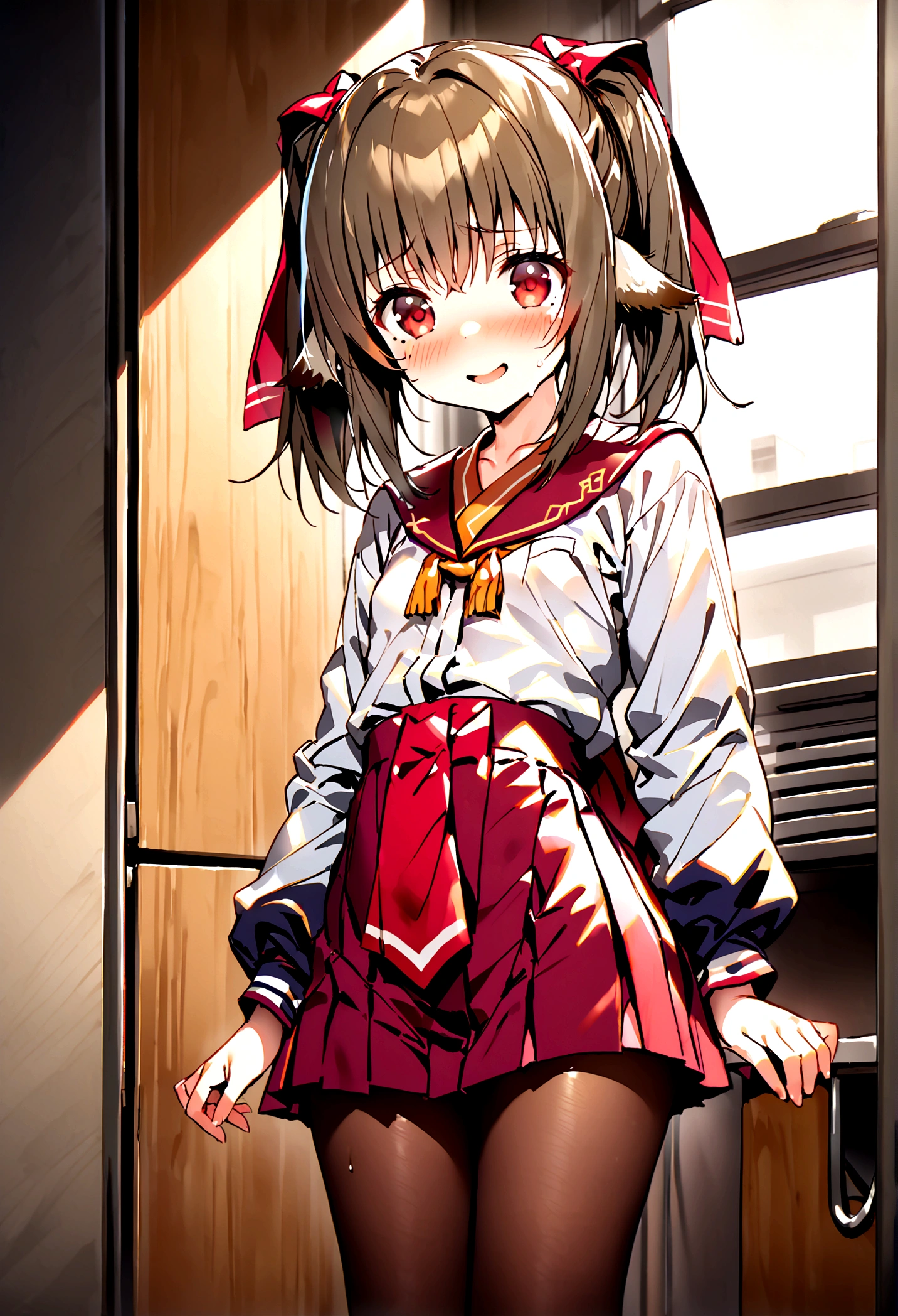 NSFW,masterpiece,Highest quality,High resolution,Super detailed,nekone \(utawarerumono\),Brown Hair、(Red Eye:1.3)、ribbon、Animal Ears、Twin tails、ヘアribbon、Mole、目の下のMole,Small breasts,uniform,mini skirt,pantyhose,Embarrassed,blush,Expecting face,Seduce,smile,School,locker room,Spoiled