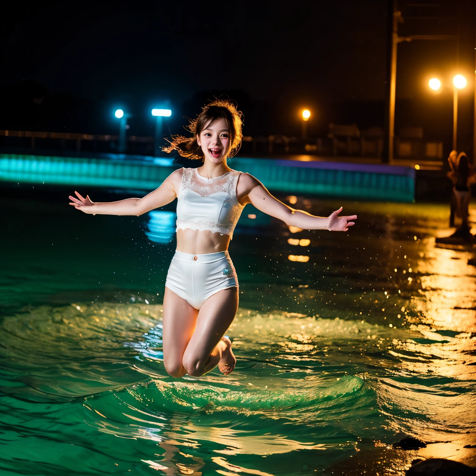 (8K TopQuality masterpiece: 1.2)(Realistic ProfessionalPhoto:1.37), VolumetricLighting. Tiny Girls, (((girl jumping into the water)))、Falling、splash water、shout、Luminous water surface、White and Bright colors, back lighting, Radiant PearlSkin with Transparency, sparkling highlights, Detailed KAWAII face with cute lips, long eyelashes, Delicate lace clothes, Detailed open crotch, MotionBlur (Joyful Expressions LifeLike Rendering) {BabyFace|ThighGap|Dazzling RainbowColor Horizon}, {HiddenHands|Corrected BabyLikeHand} (Exposed:-0.6)