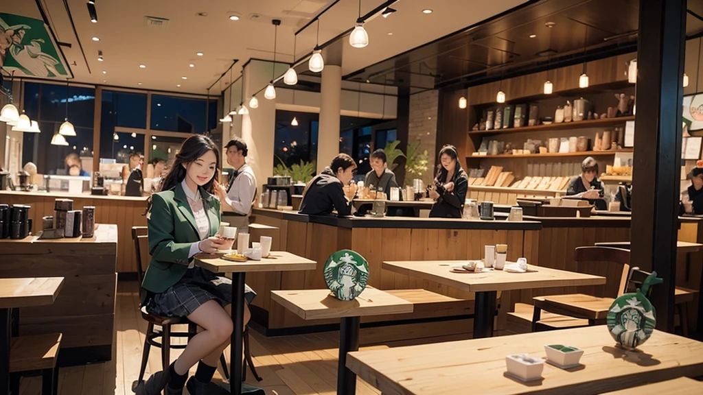 
((((((((夜の暗いInside the Starbucks store))))))))
((((((((The night view can be seen from the window))))))))
((((Warm indirect lighting or candlelight))))
8K、RAW Photos、Highest quality、Super detailed、Super Resolution、Ultra HD、8K壁紙、Amazing details
((A girl in a blazer uniform ((White blouse with formal collar, Blue Blazer, 
Red Check Skirt, Red checkered ribbon on blouse)), Complete limbs, Full Finger, ))

(((((((Inside the Starbucks store、16-year-old high school girl)))))))、((((((Sit down and eat cake、Drink coffee、smile))))))、((Heart Necklace))
((((A crowded store))))




Modern interior：The chic design of the furniture and interior is arranged.、Creating a sophisticated space。
Soothing music：Relaxing jazz and acoustic background music、Enhances the mood at night。
Comfortable seats：Cushioned sofas and armchairs are provided.、You can stay comfortable even for long periods of time.。
Warm colours：Brown or beige、Warm colors such as deep green are used.、Creates a calm atmosphere。
Large windows：外の夜景を楽しめるLarge windowsがあり、It blends in with the city&#39;s nightscape.。
Green Interior：Potted plants are appropriately placed、Creates a natural and relaxing atmosphere。
artwork：Artworks and photographs by local artists are on display.、Enhances the atmosphere in the store。
Fragrance production：Coffee and cinnamon、The aroma of vanilla fills the store、Increases comfort。
Open Kitchen：バリスタの仕事が見えるOpen Kitchenがあり、You can also enjoy the work scenery.。
Unique Decoration：The decorations are themed according to the season.。

Community Table：A large table is installed.、You can also enjoy interacting with other guests.。
Private room space：There are private rooms and partitions to ensure privacy.、Ideal for those who want a quiet stay。
High-quality tableware：Stylish cups and plates are used、Enhances the appeal of your drinks and food。
Display Area：Coffee beans, mugs and other related products are displayed tastefully.。
Eco-friendly initiatives：Eco-friendly materials and recycling programs are implemented。
Friendly staff：Warm and friendly customer service、Increases in-store comfort。
Seasonal Menu：Seasonal special drinks and food are offered.、There&#39;s always something new to enjoy。
Acoustic Live：Occasional live performances and events、Create a special evening atmosphere。


8K、RAW Photos、Highest quality、masterpiece:1.2、Super detailed、Super Resolution、Ultra HD、8K壁紙、Amazing details、Photorealistic:1.4、Having fun by the water、Full Body Shot、Full body photo、High-resolution RAW color photos、Professional photos、A scene full of emotion、Very detailed and beautiful、Ultra HD、8K壁紙、Amazing details、Huge file sizes、Highly detailed beautiful girls、Highly detailed face Highly detailed eyes、Extremely realistic skin、 Highly detailed fingers, Highly detailed nose, Highly detailed mouth, Perfect Anatomy, Highly detailed background, Highly detailed clothing, Teen, cute女の子, Famous Japanese Idols, cute, Realistic body, Slender, White skin, Glowing Skin, Slim body, Realistic Face, Delicate eyes, double eyelid, 
